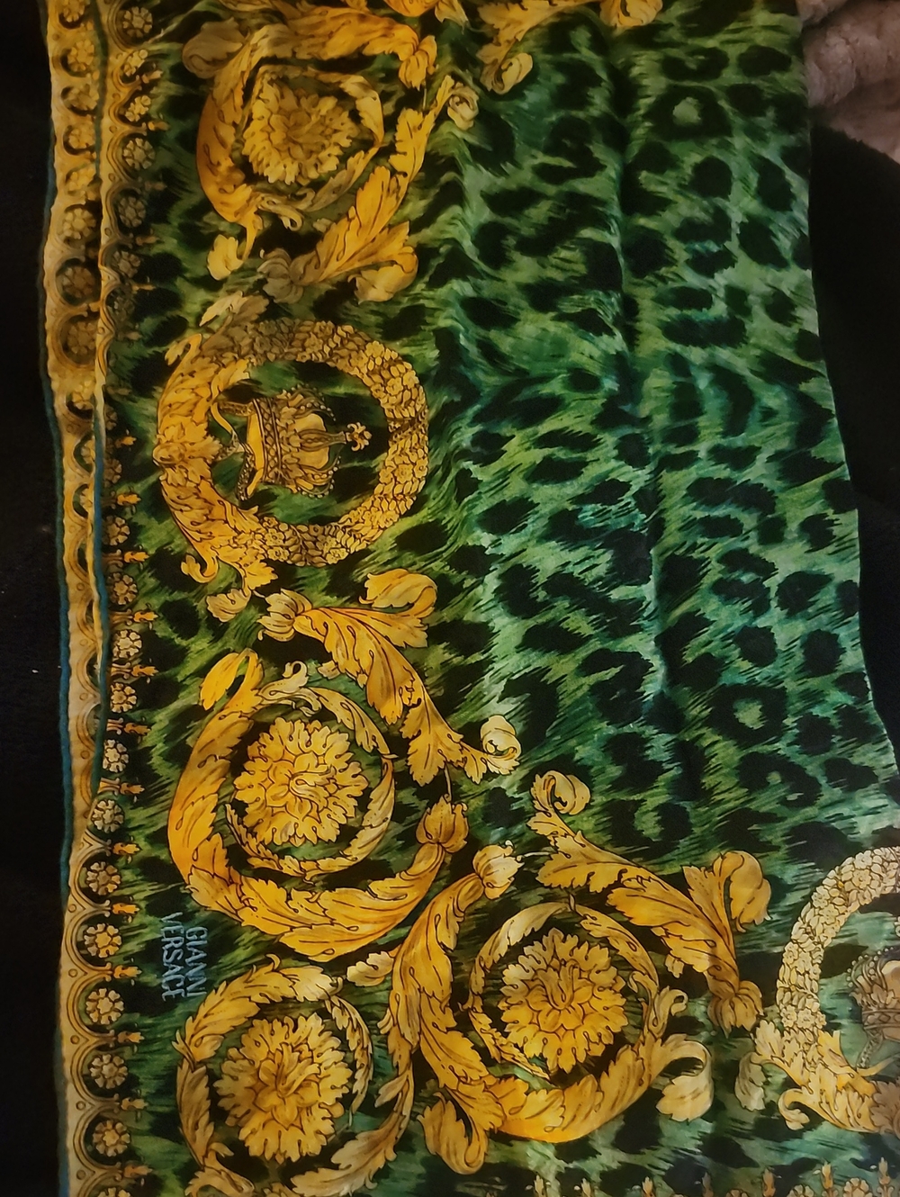 Versace Green and Yellow Baroque Leopard Print Silk Scarf